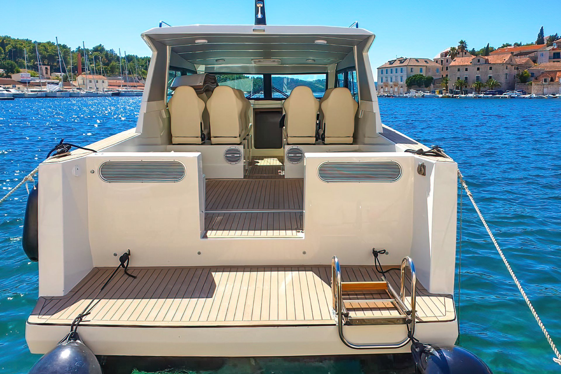 Seating area of 12m boat for boat tours from Split and Brac