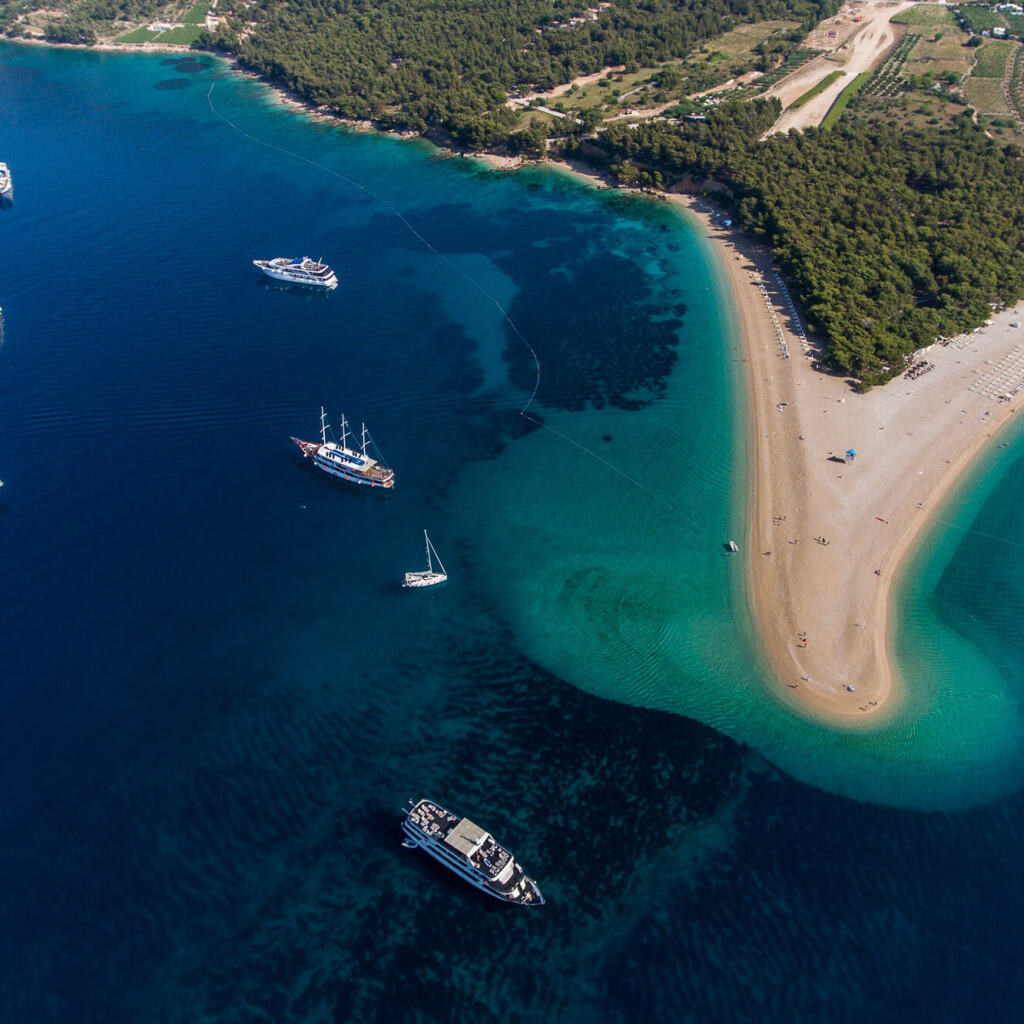 Zlatni rat beach on Brac island, bird's eye view